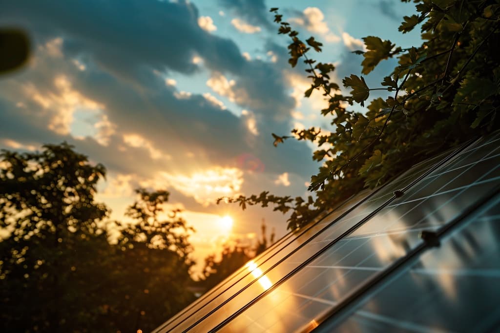 Sunset over solar panels, showcasing clean energy
